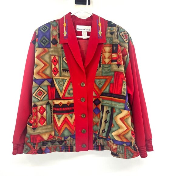 Vintage Brenda Goode Geometric Print Embroidered Collar Button Front Jacket - Picture 1 of 4